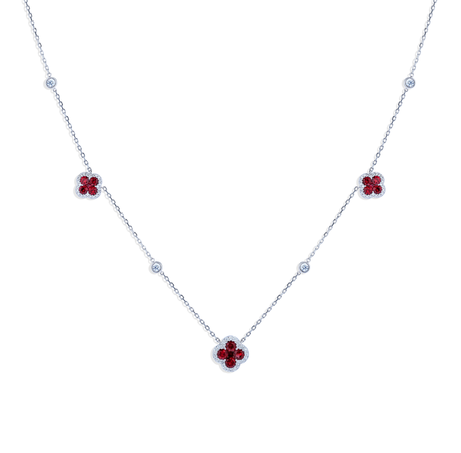 Sabel Collection White Gold Diamond and Ruby Flower Station Necklace